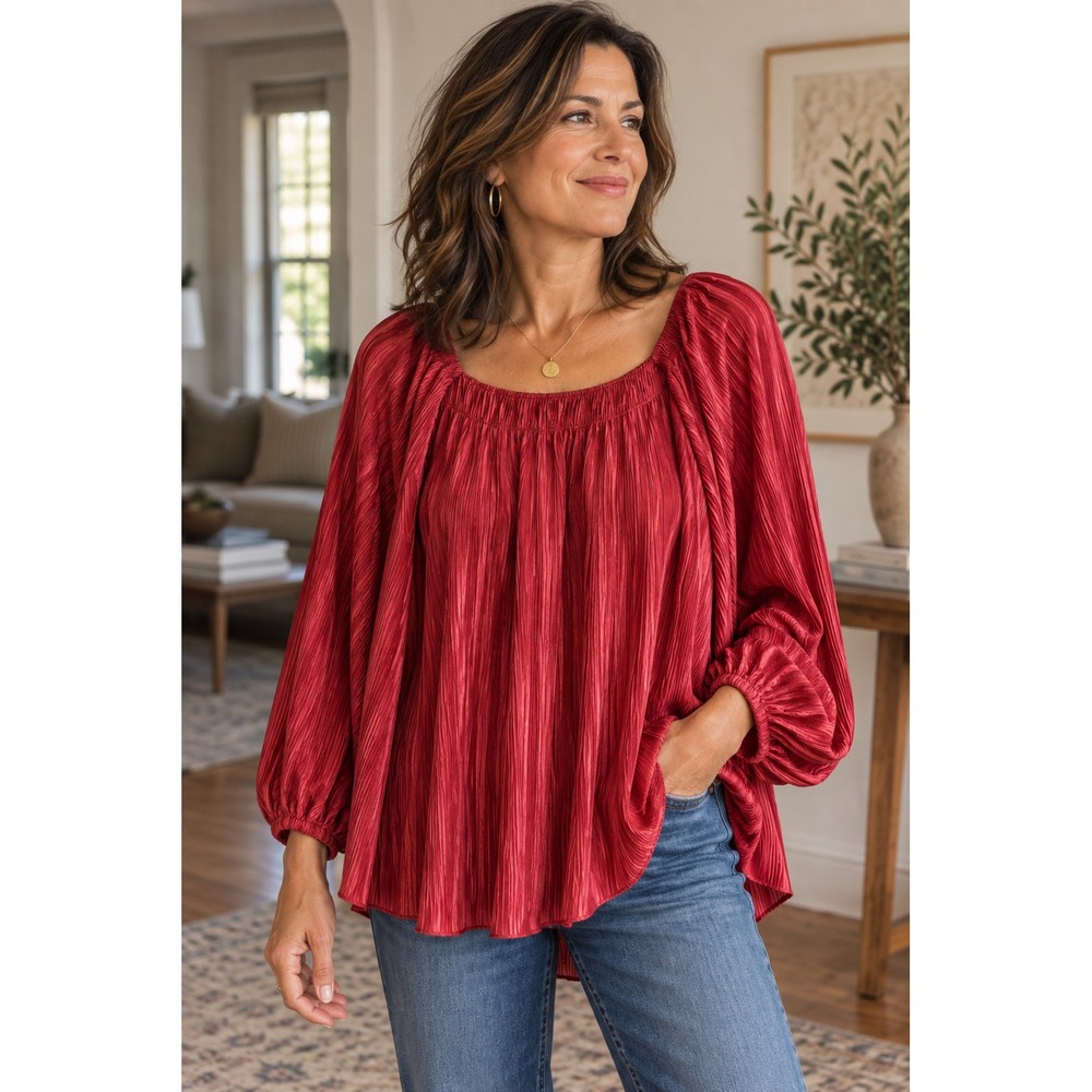 Chico's Pleated Blouse Red Balloon Sleeve High Low Tunic Top Size 2 Large